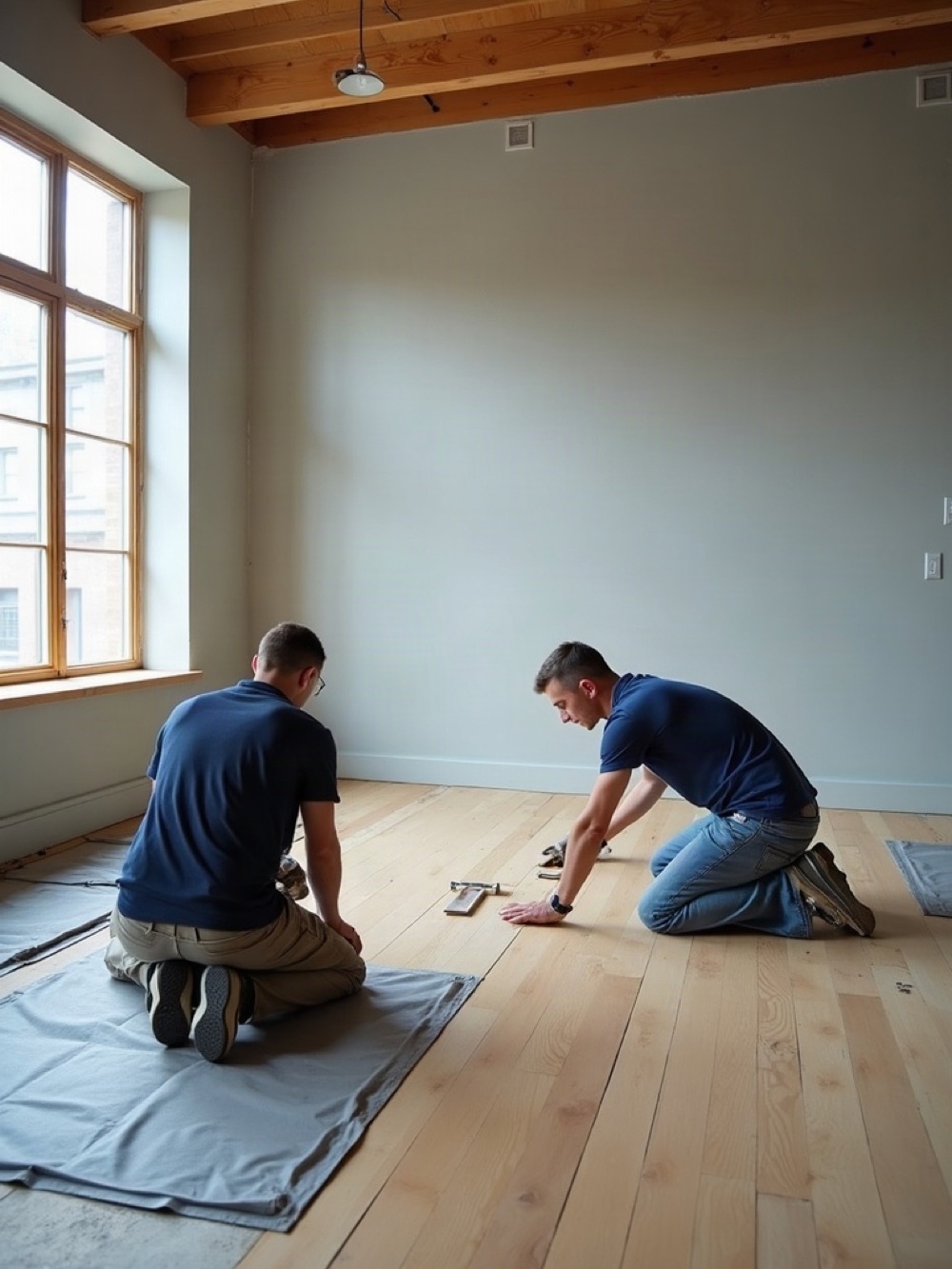 Two installers kneeling to place light wood planks in an empty room
