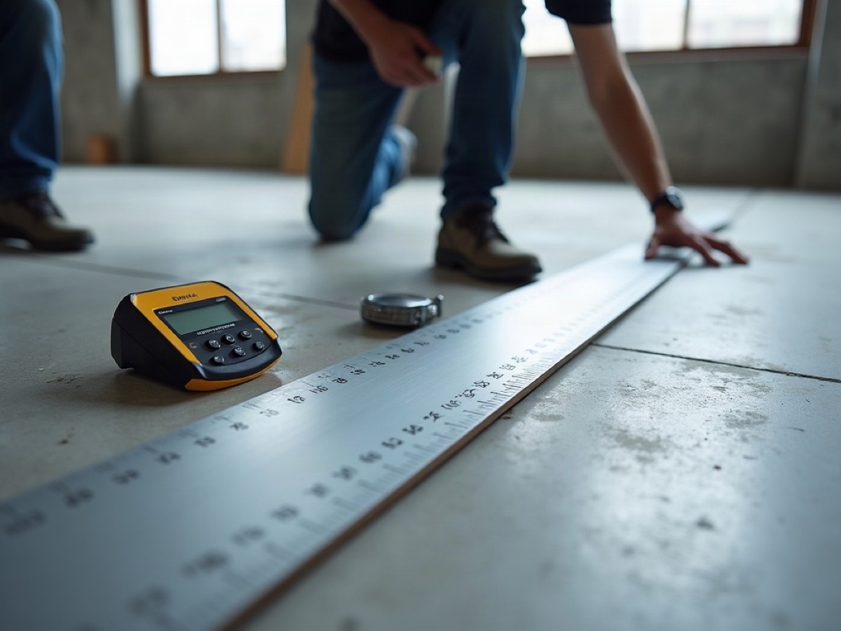 Moisture meter, metal straightedge, and hygrometer on a concrete subfloor