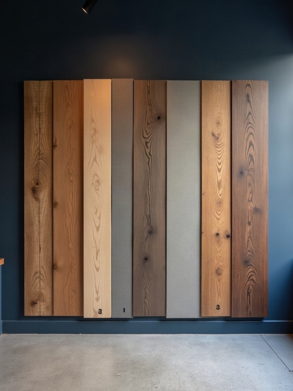 Vertical sample boards of parquet, vinyl, and carpet on a dark showroom wall